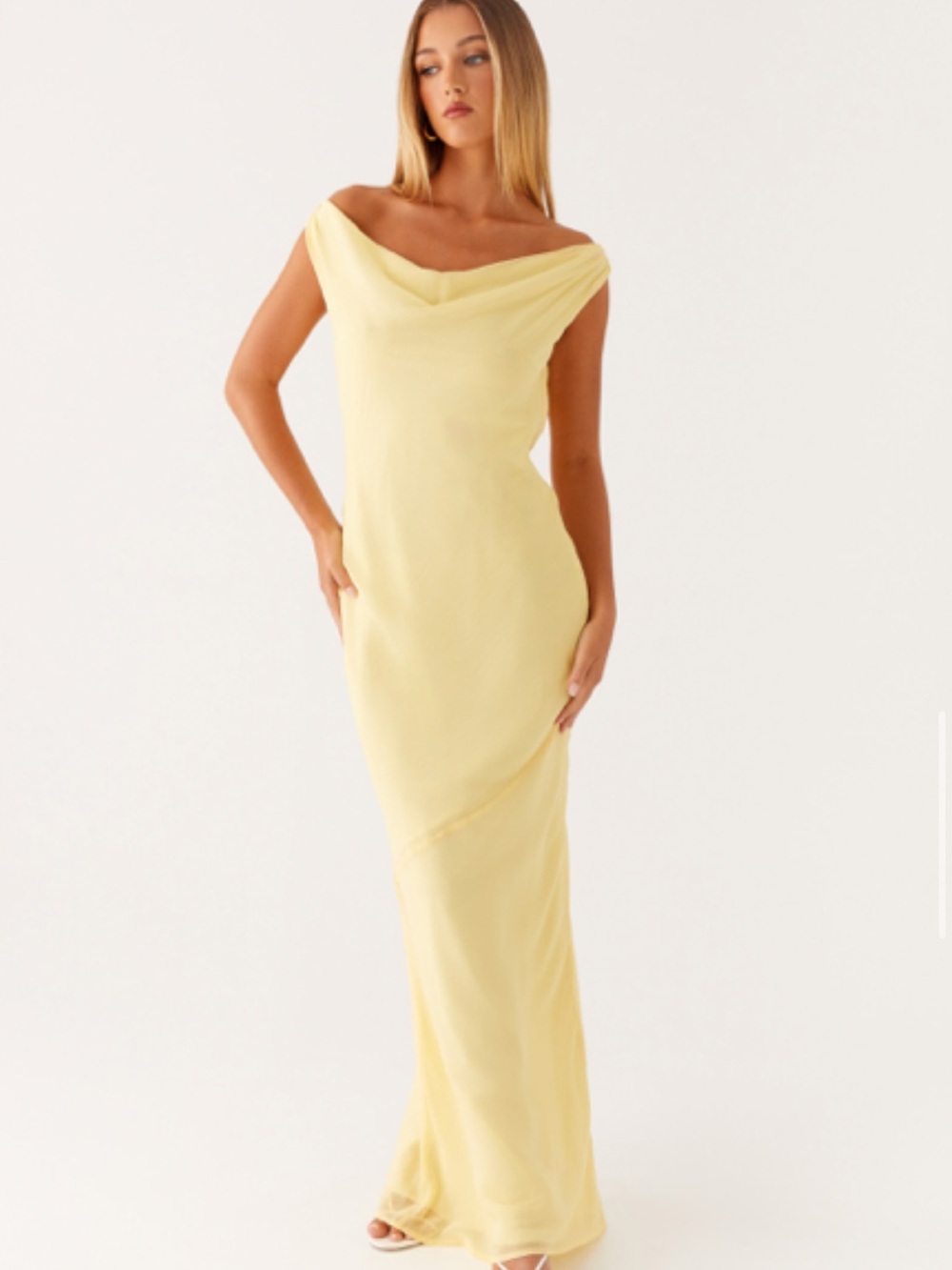 Peppermayo Pale Yellow One-Shoulder Draped Maxi Dress